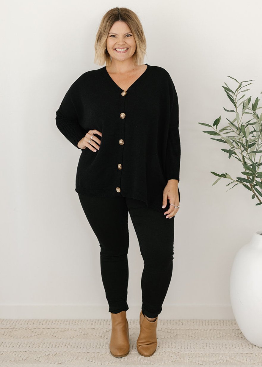 women's button-down knit jumper in black