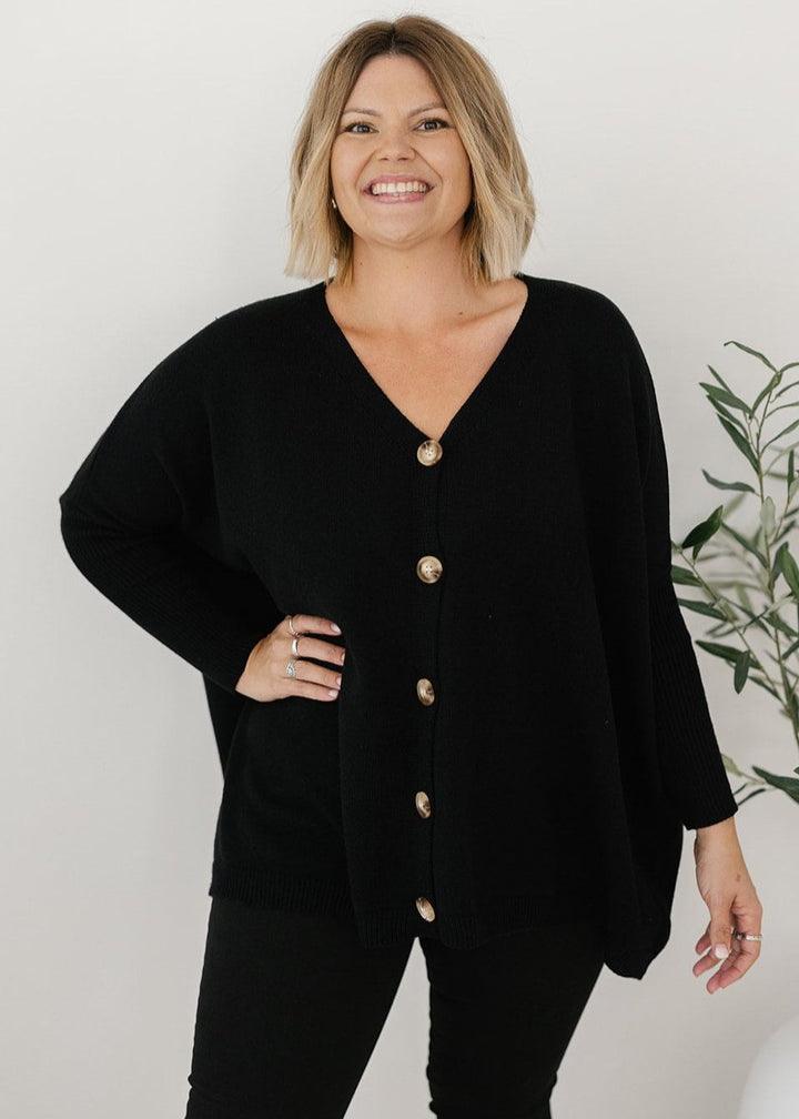 ladies oversized button-down knit jumper in black