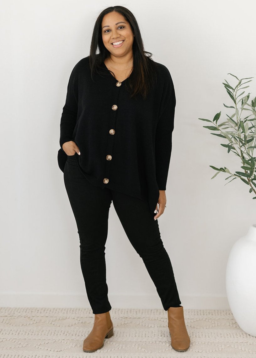 women's plus-size button-down knit in black