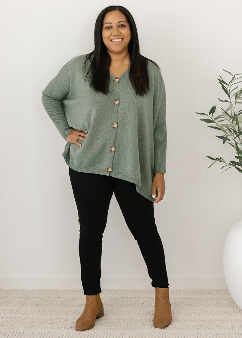 women's button-down knit jumper in sage green