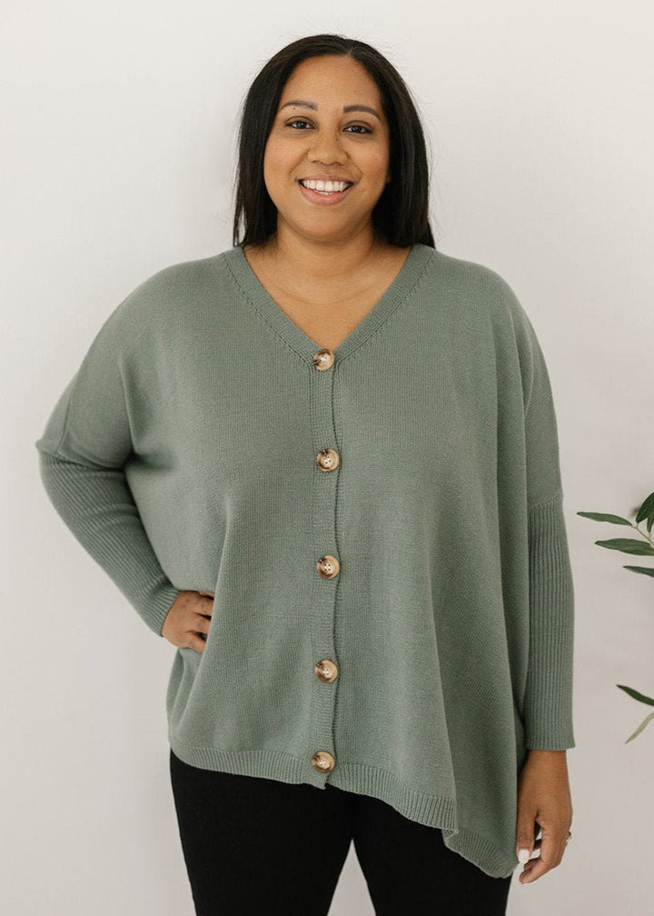 ladies oversized button-down knit jumper in sage green