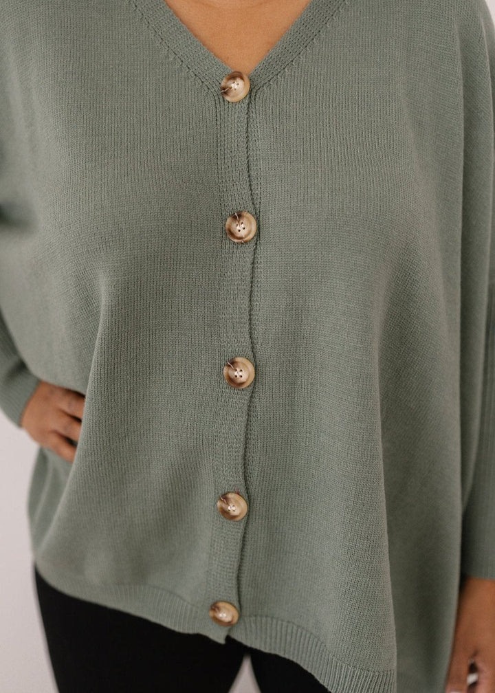   ladies oversized sage green button-down knit 