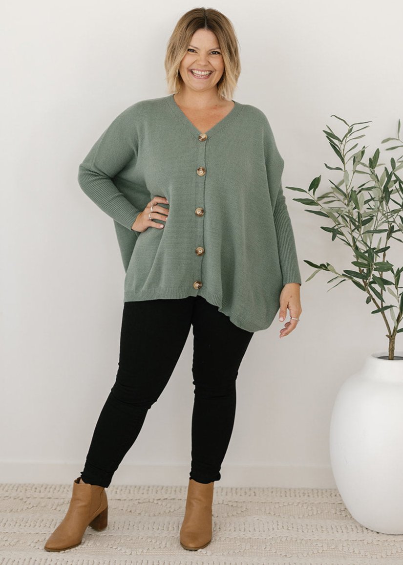 women's plus-size button-down knit in sage green