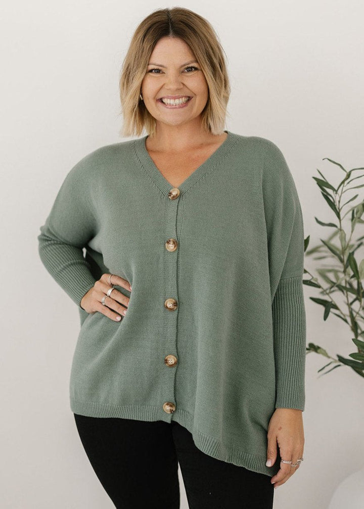 ladies sage green oversized button-down knit