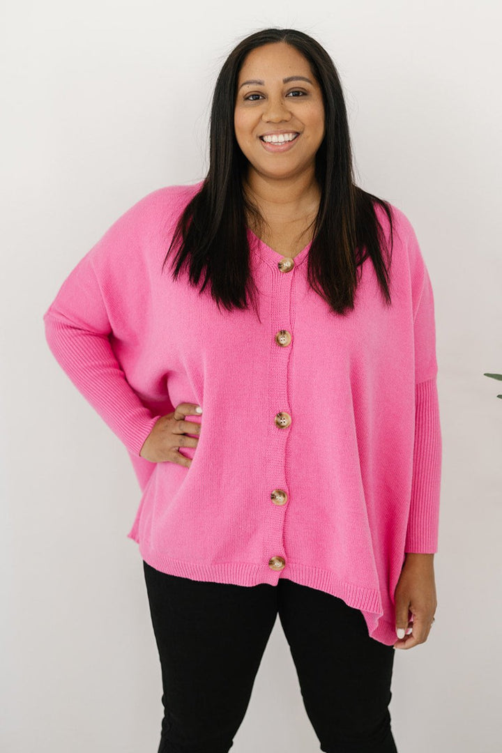 ladies hot pink oversized button-down knit 