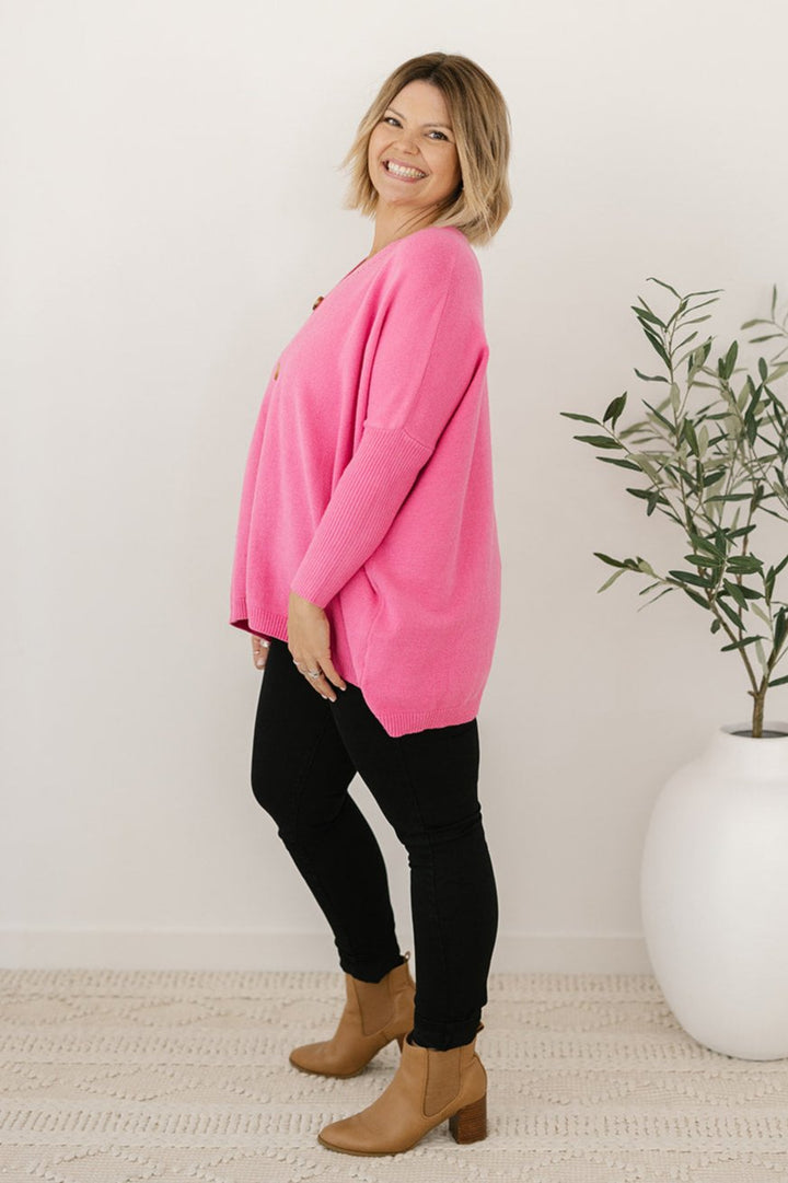 ladies stretchy oversized button-down knit in hot pink