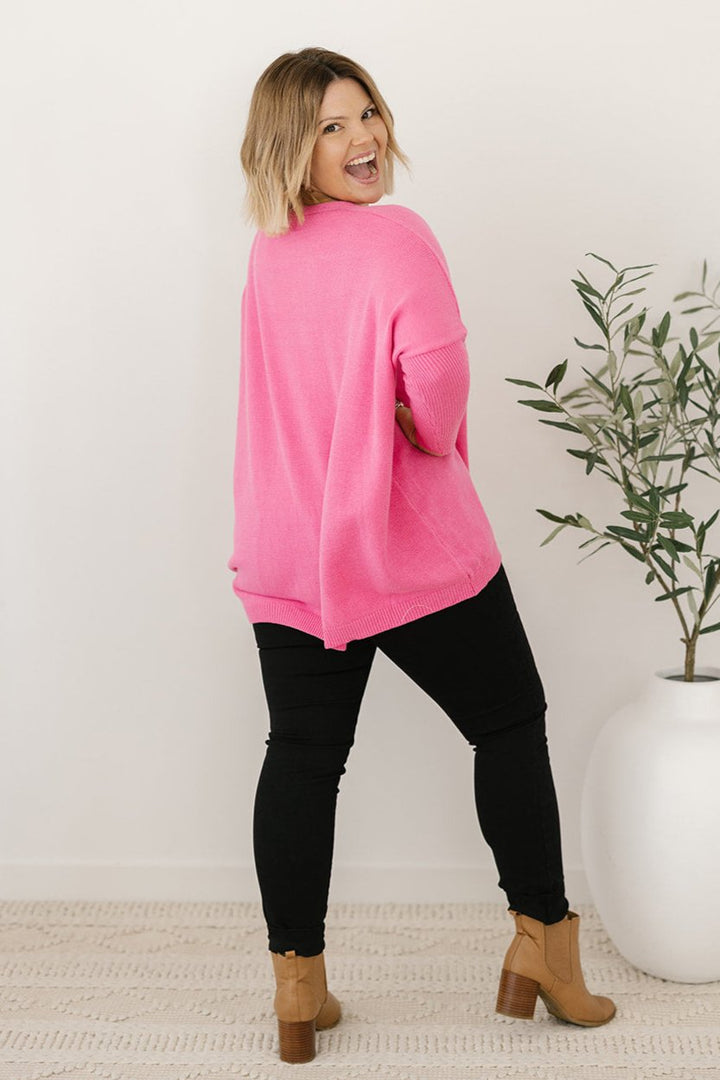 ladies stretchy oversized button-down knit jumper in hot pink