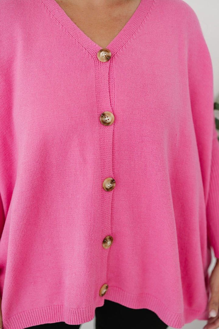 ladies oversized hot pink button-down knit 