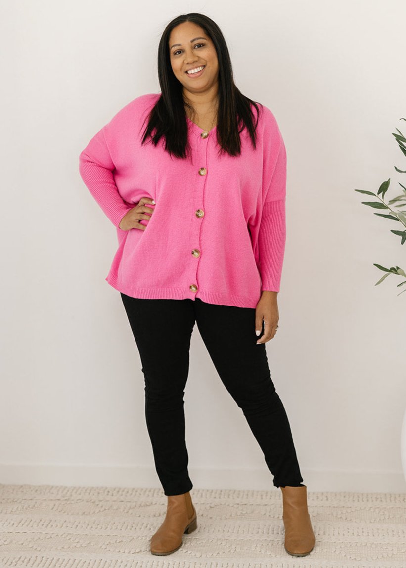 women's plus-size button-down knit in hot pink