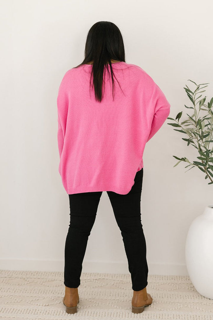 women's hot pink oversized button-down knit jumper
