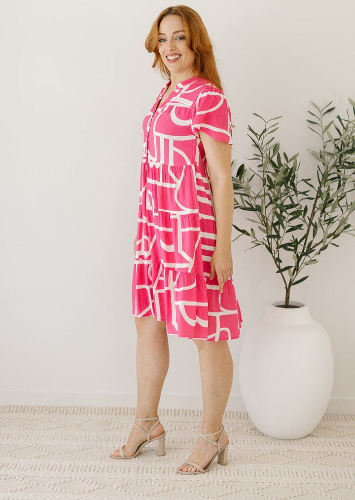 pink abstract ladies dress knee length