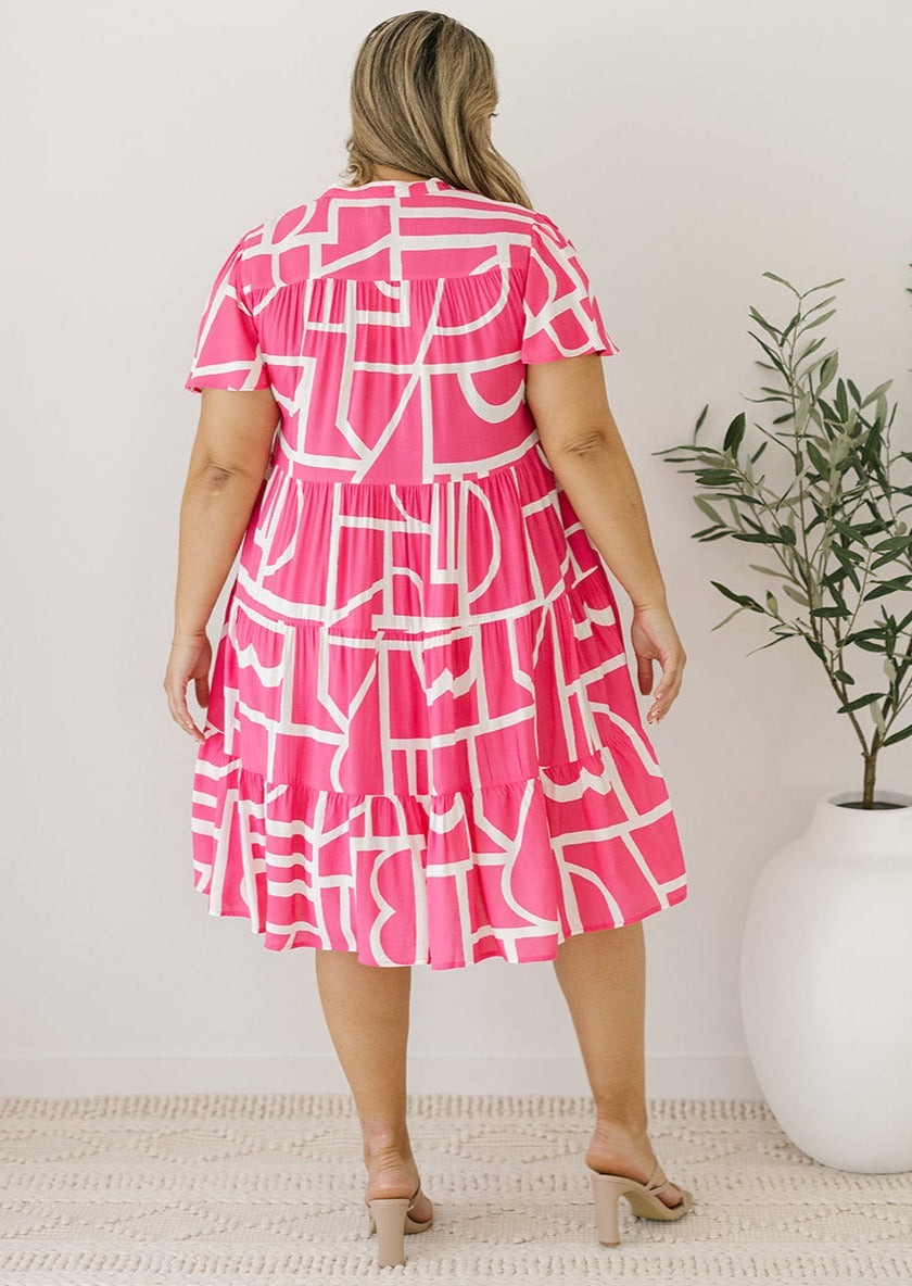 pink abstract ladies dress knee length