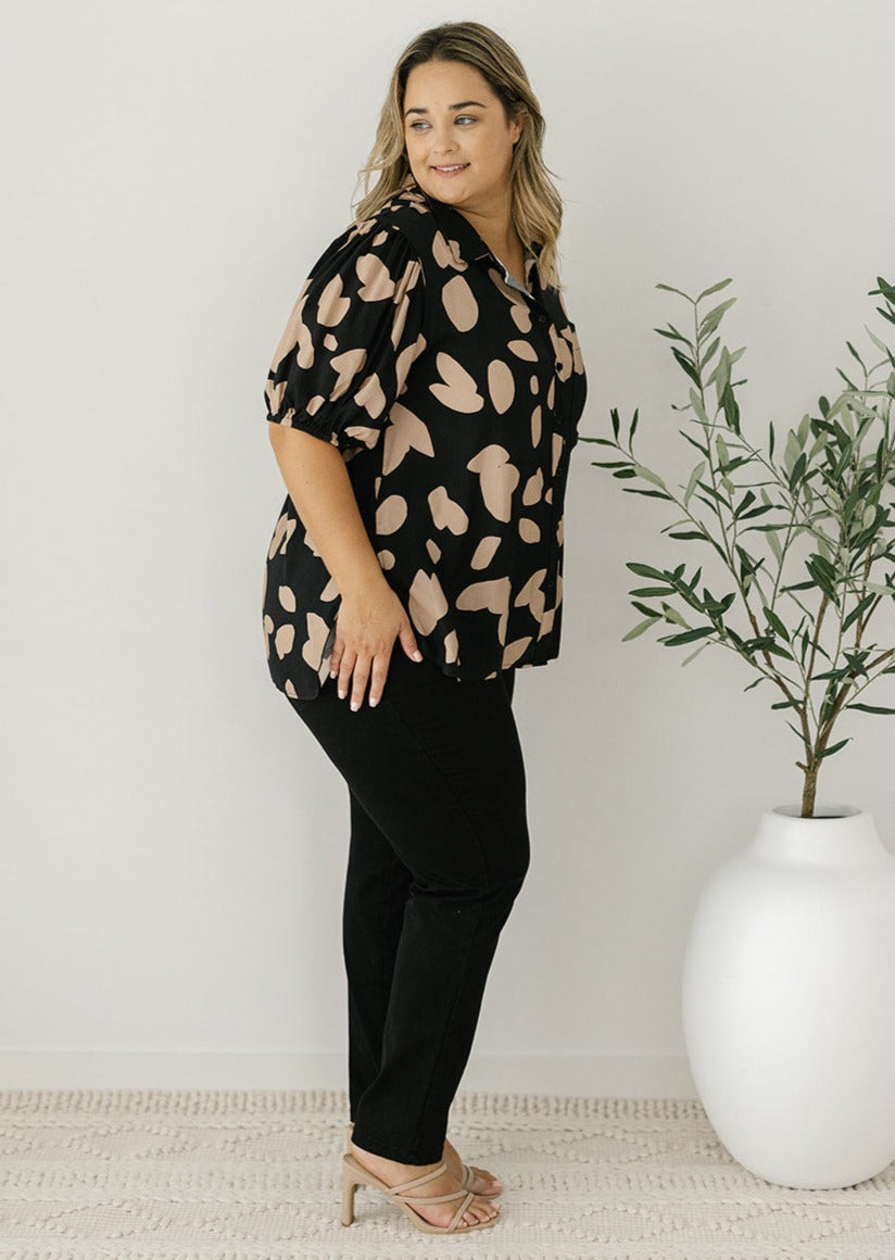ladies neutral abstract button-down top