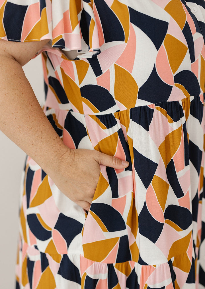 abstract retro print button-down midi dress with pockets