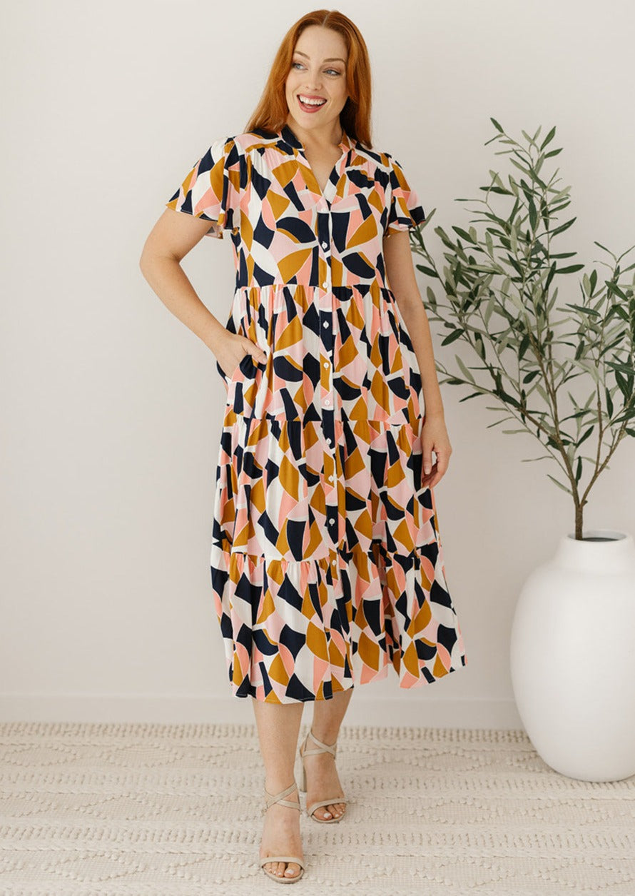 retro-pattern button-down midi dress