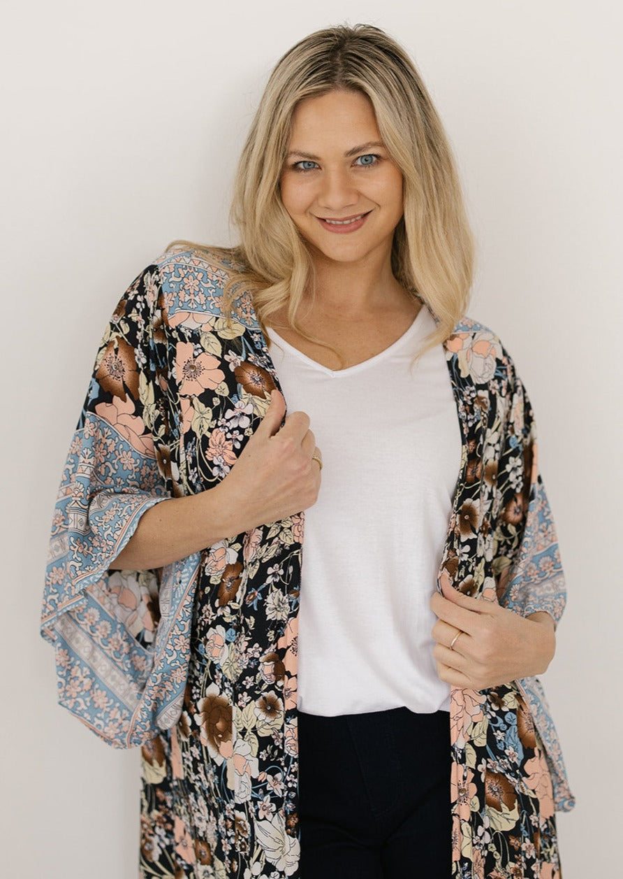 navy floral kimono