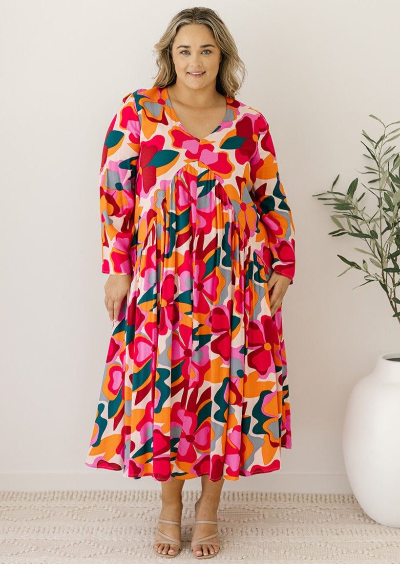 multicoloured retro floral-print smock maxi dress
