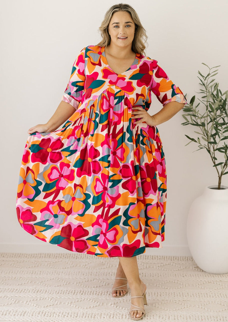 multicoloured retro floral maxi dress with roll-up sleeves