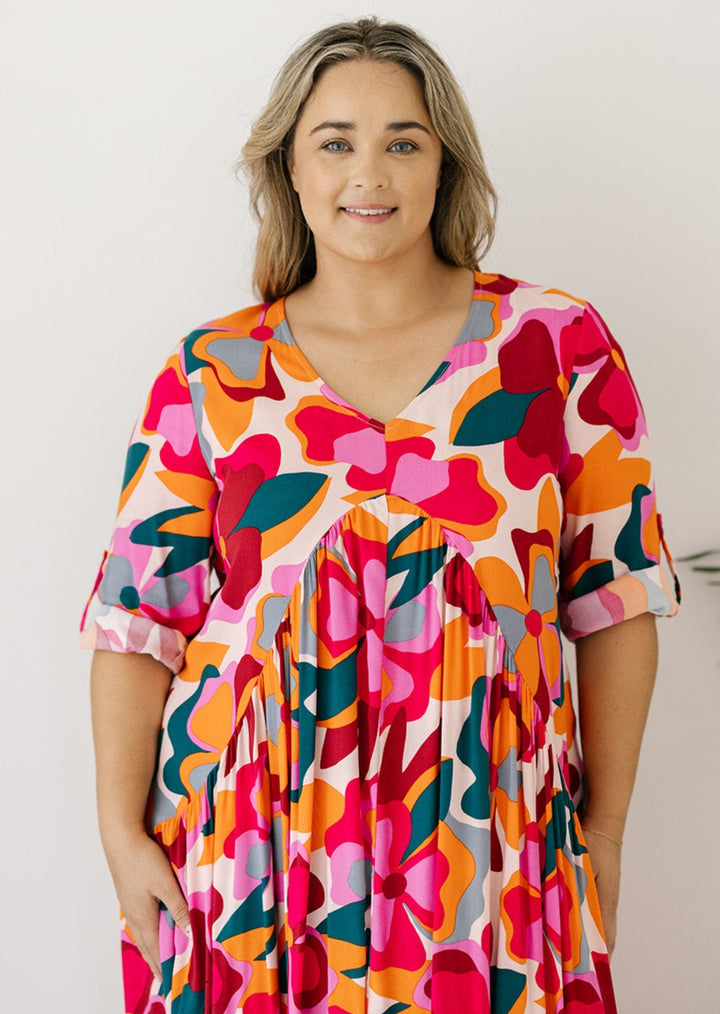 plus-size smock-style retro print maxi dress with roll-up sleeves