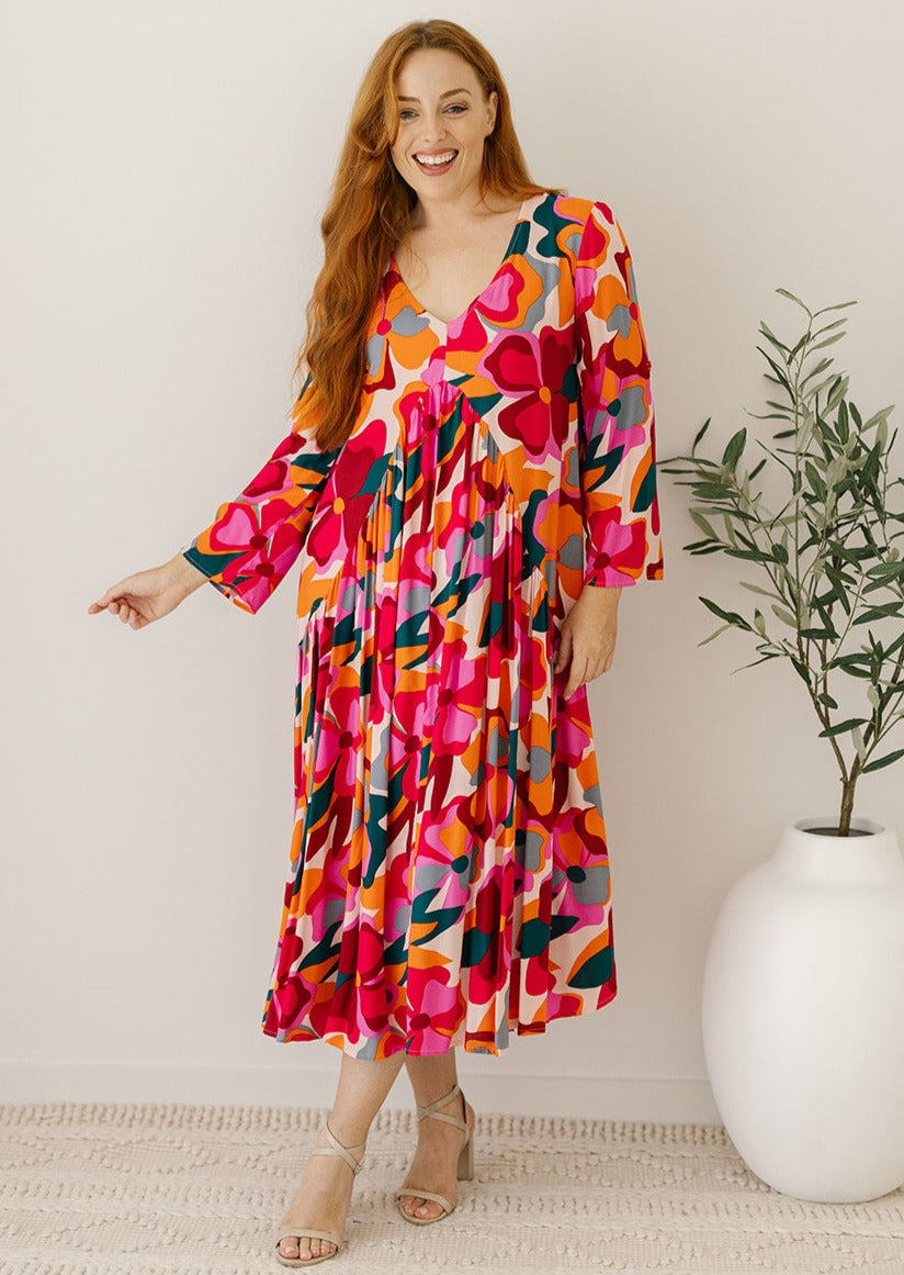 women's plus-size smock-style retro-print maxi dress