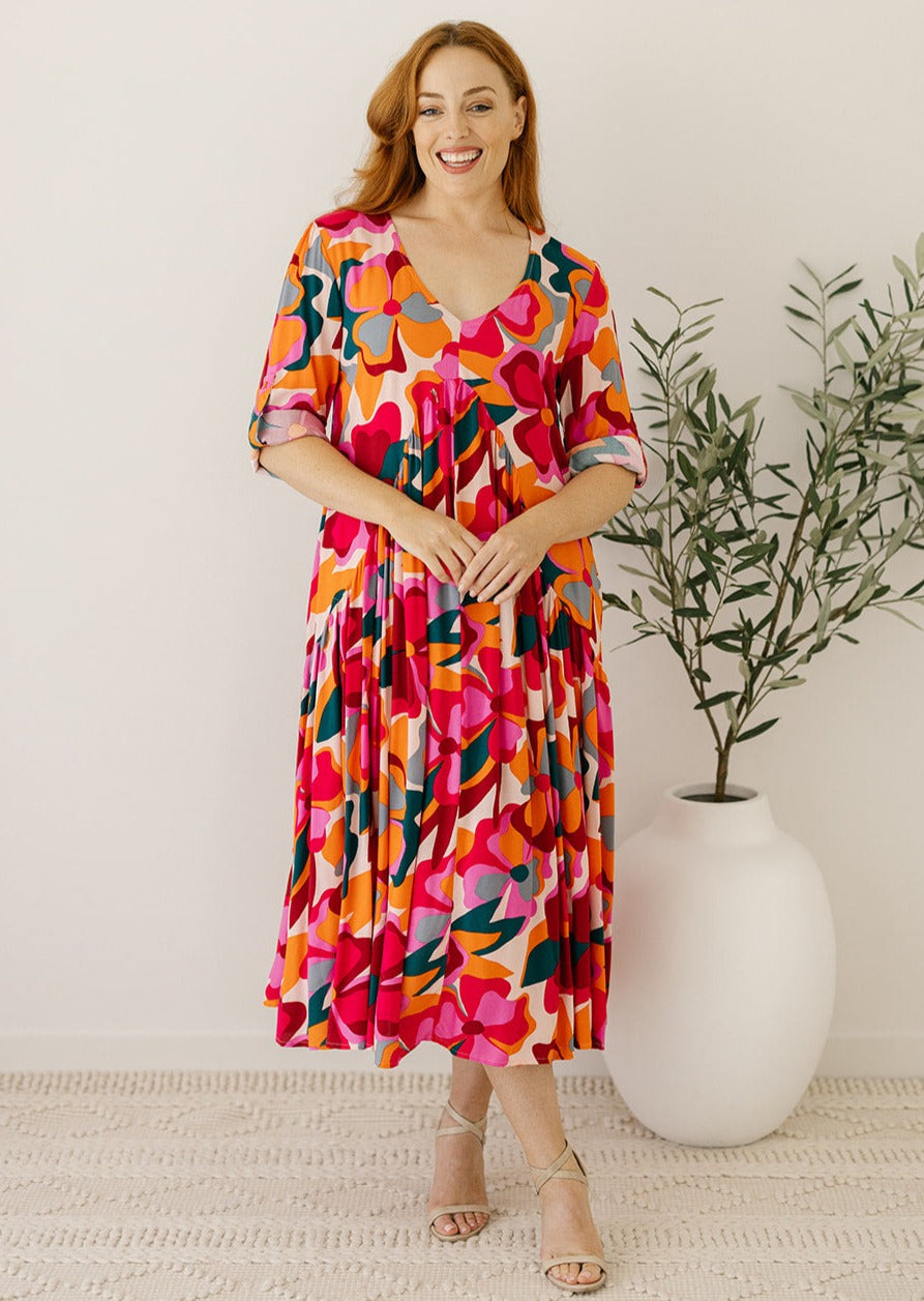 multicoloured retro floral smock-style maxi dress