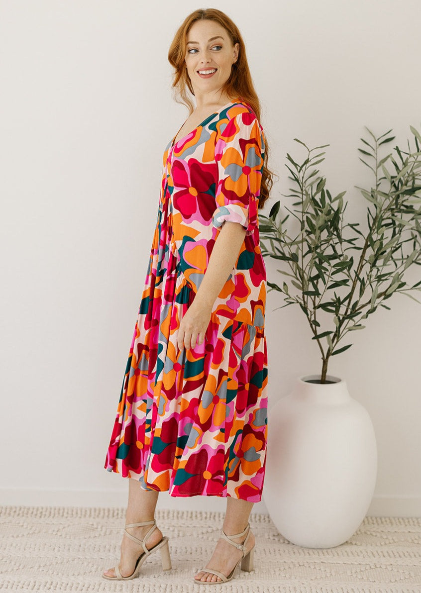 women's bump-friendly retro floral smock-style maxi dress