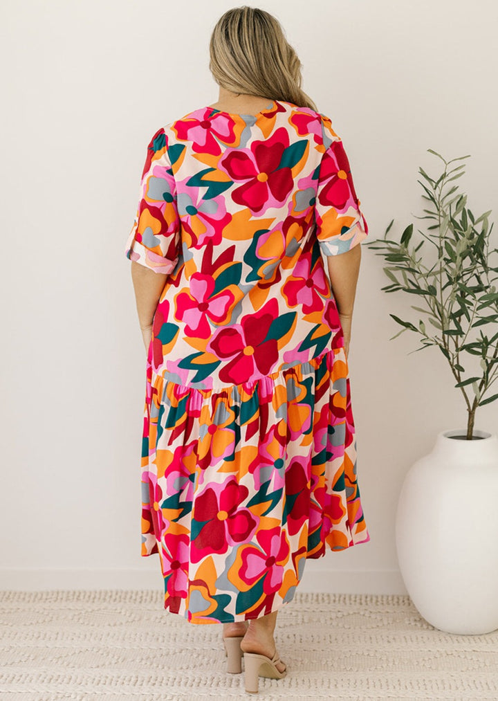 bump-friendly retro floral maxi dress with roll-up sleeves