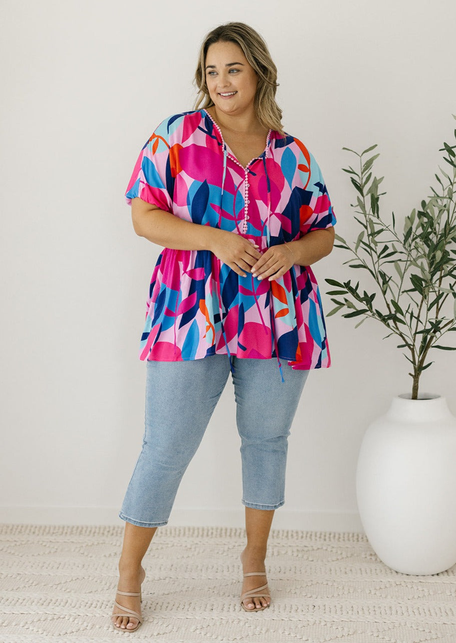 colourful abstract tunic-style top