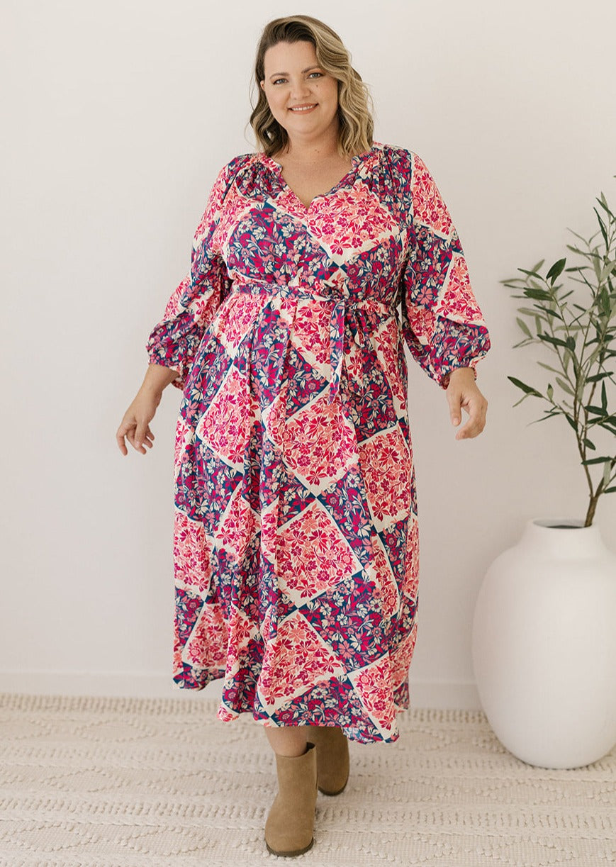 women's plus-size floral patchwork-print midi dress with pockets and waist-tie
