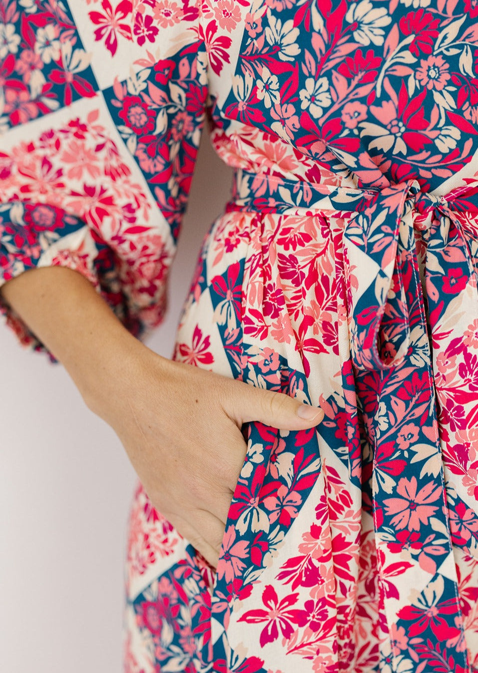 women's plus-size floral patchwork-print midi dress with pockets and waist-tie