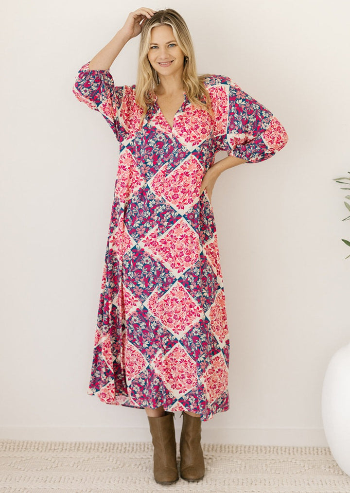 women's plus-size floral patchwork-print midi dress with pockets and waist-tie