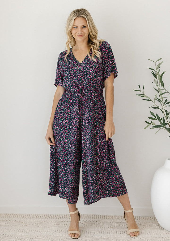 navy floral wide-leg jumpsuit