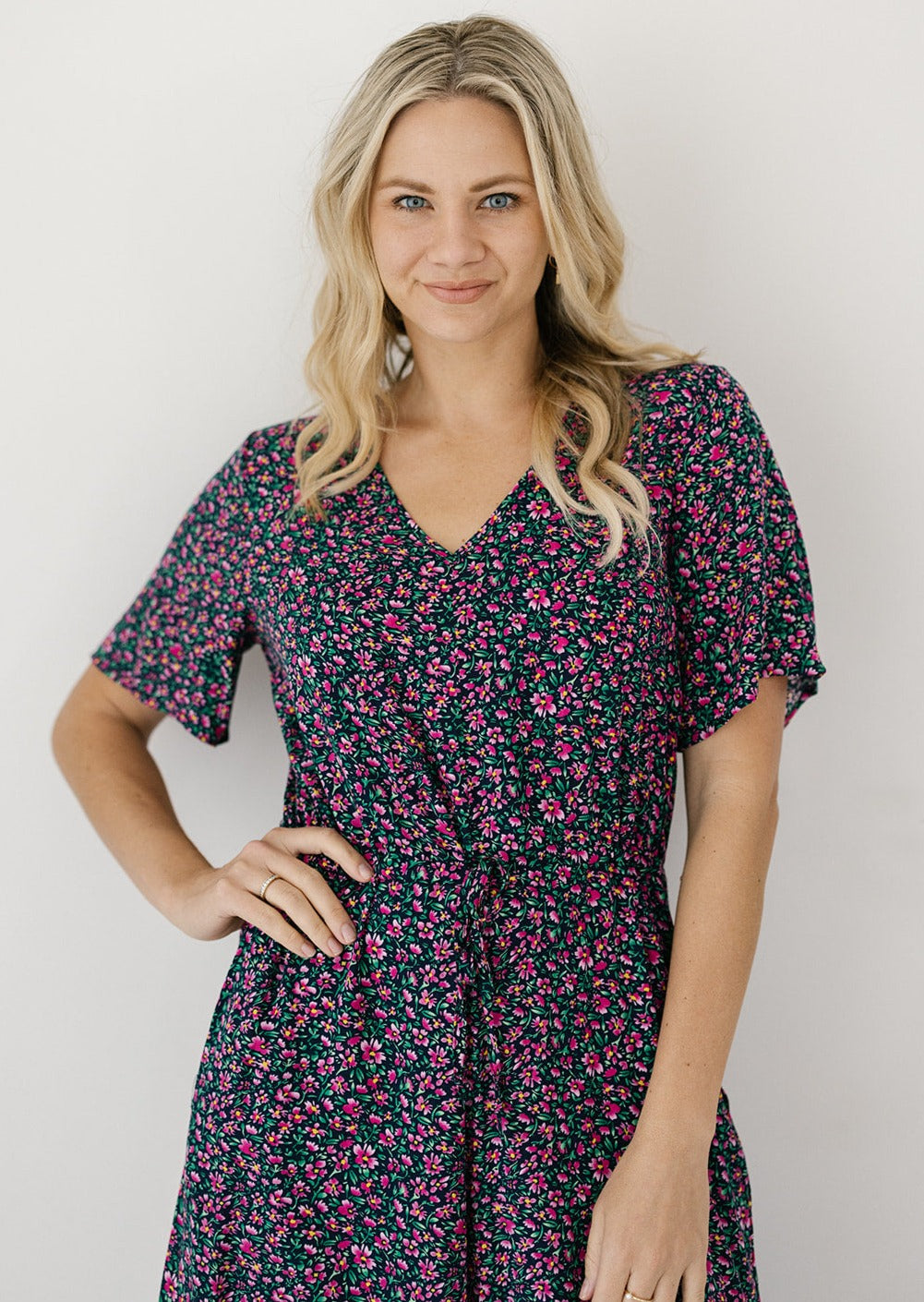 floral jumpsuit with sleeves and pockets for plus-size women