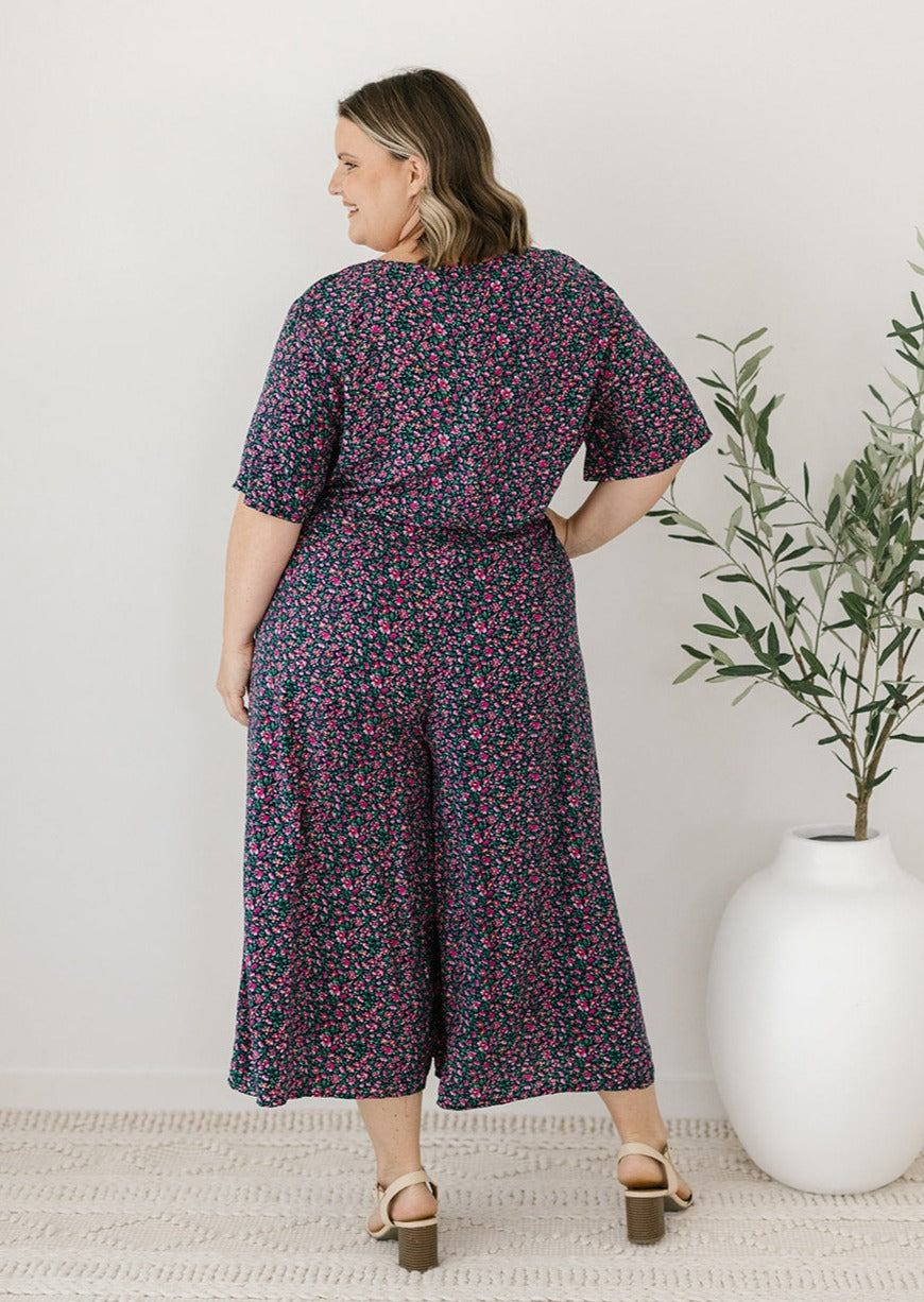 navy floral bump-friendly drawstring waist jumpsuit