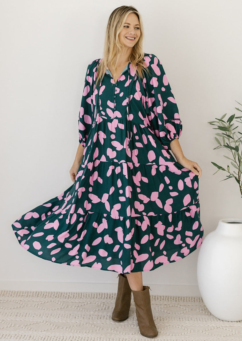 green and pink abstract smock-style maxi dress