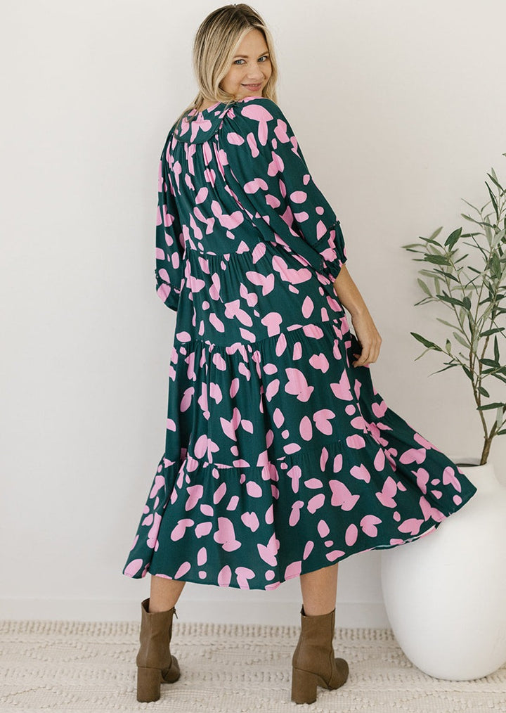 plus-size green and pink abstract-print maxi dress with pockets