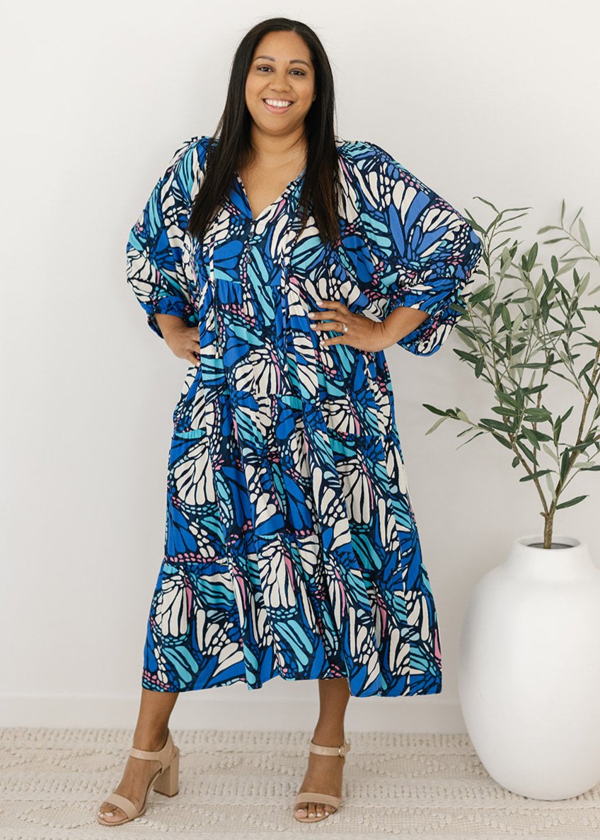 blue and white abstract smock-style maxi dress
