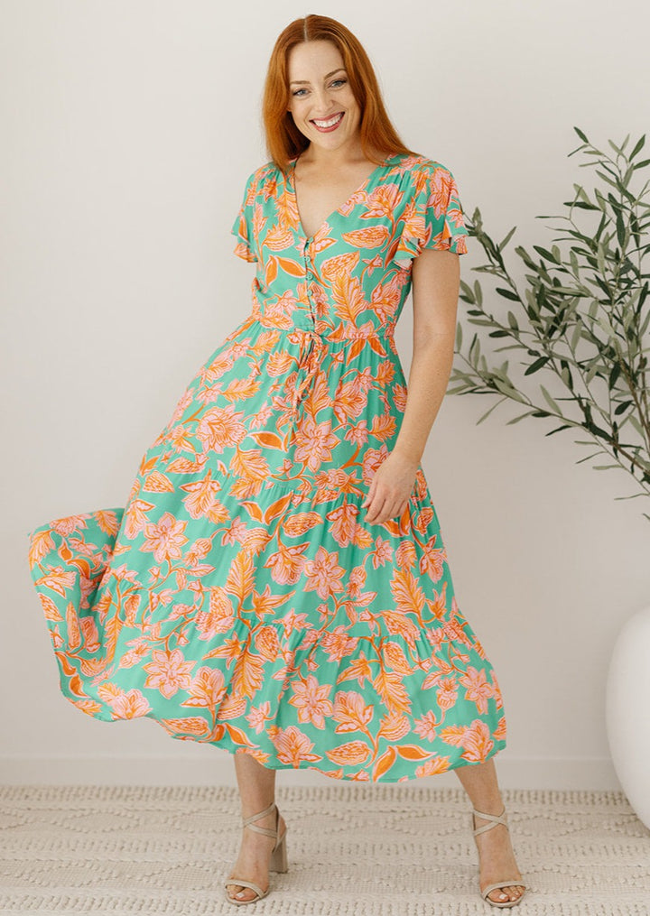 green summer floral drawstring midi dress