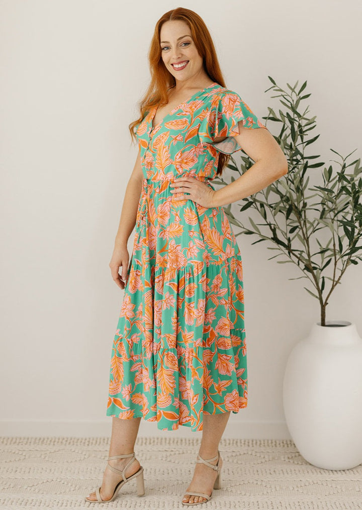 green and orange floral drawstring midi dress