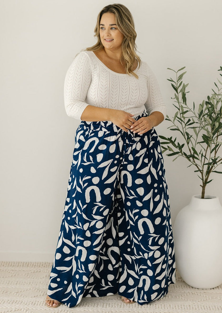 navy and white floral wide-leg culottes