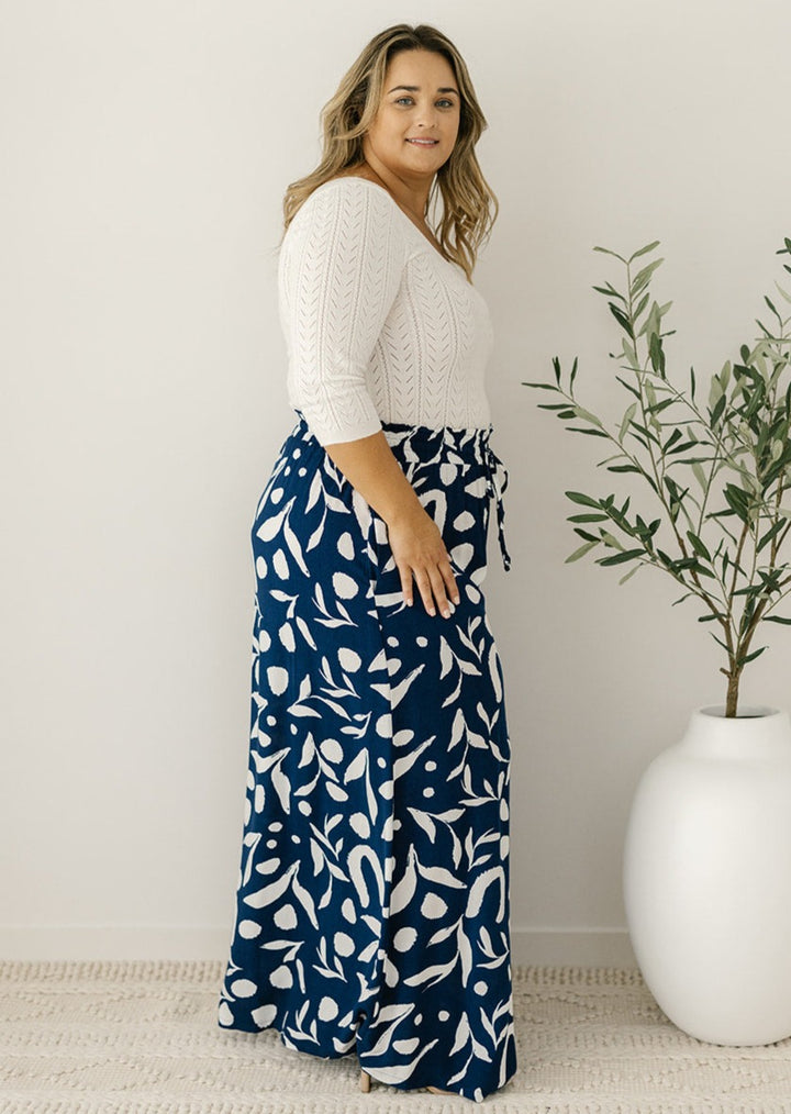 navy floral elastic-waisted wide leg culottes for women