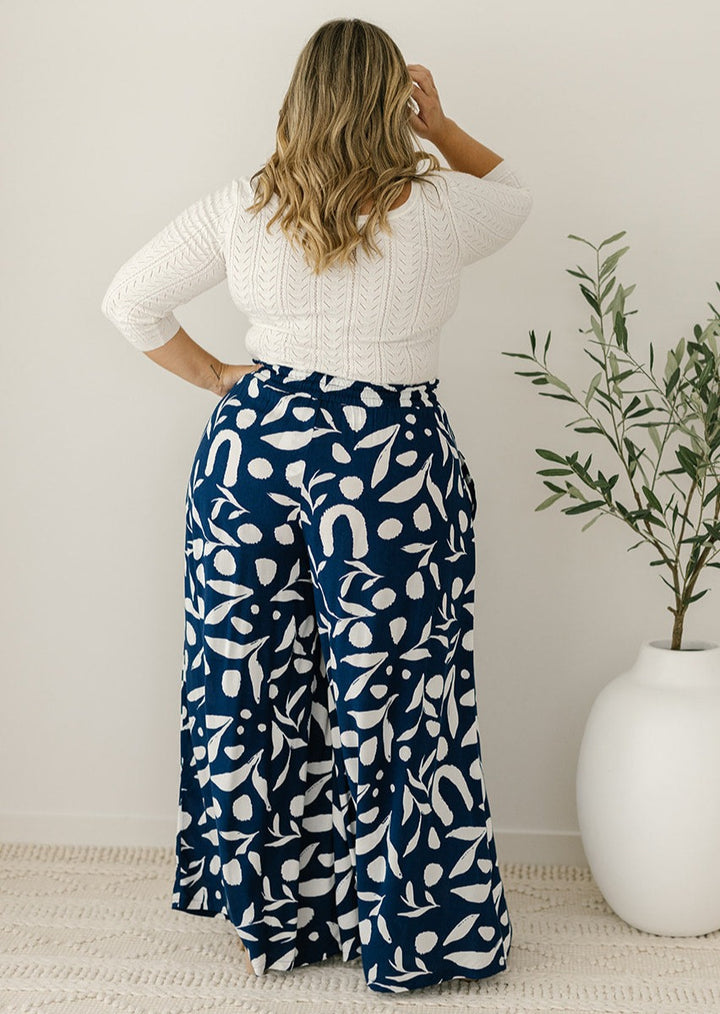 navy and white floral wide-leg culottes with pockets