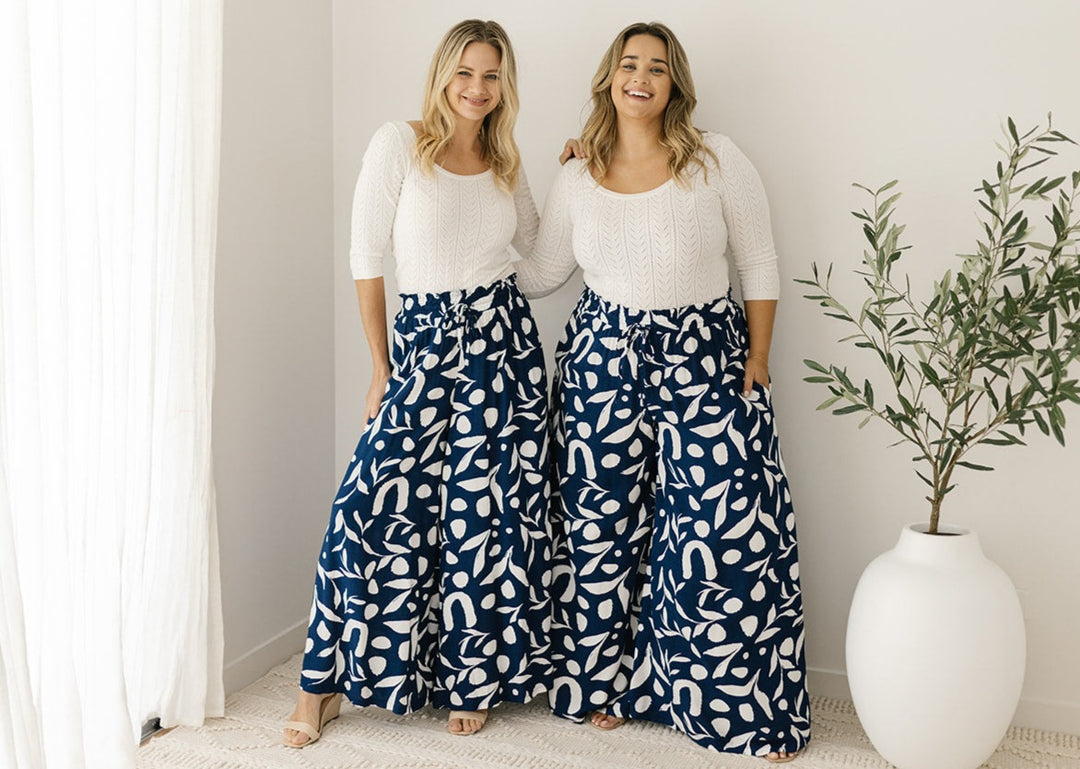 wide-leg elastic-waisted navy floral culottes