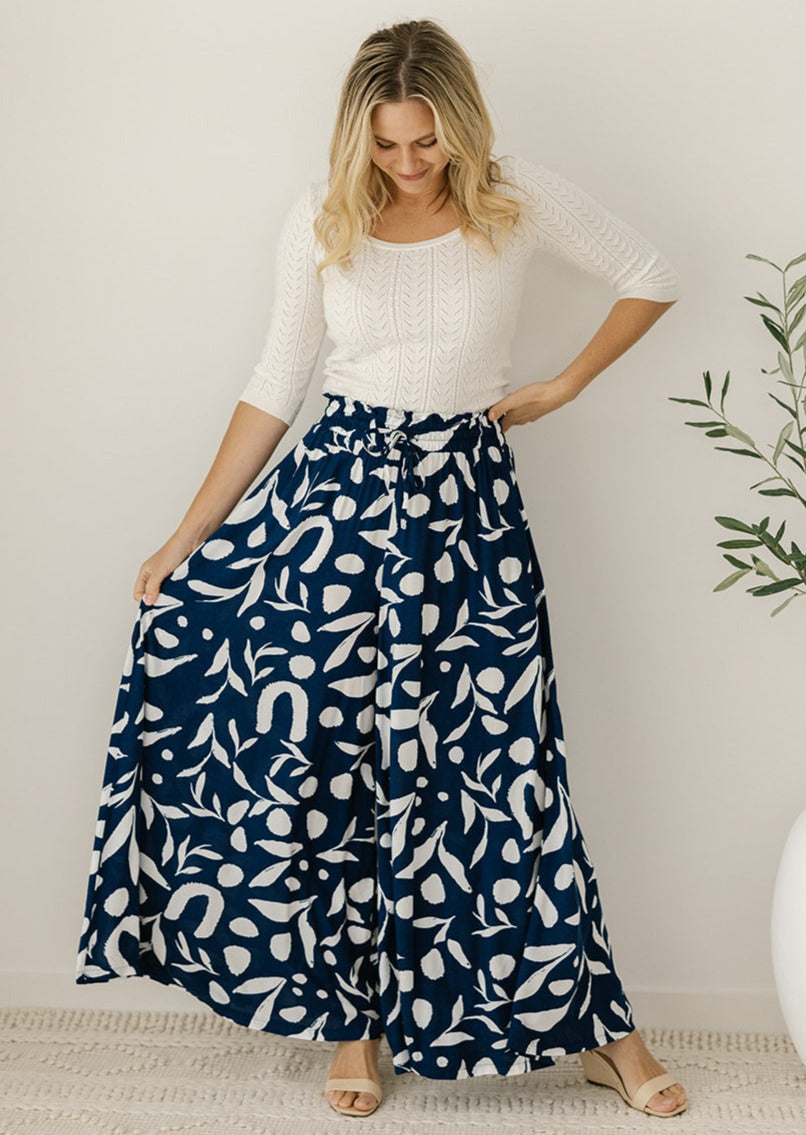 women's navy and white floral culottes with pockets