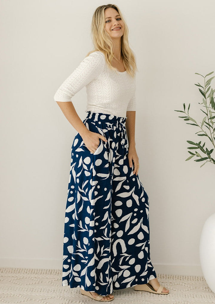 ladies elastic-waisted navy and white floral culottes