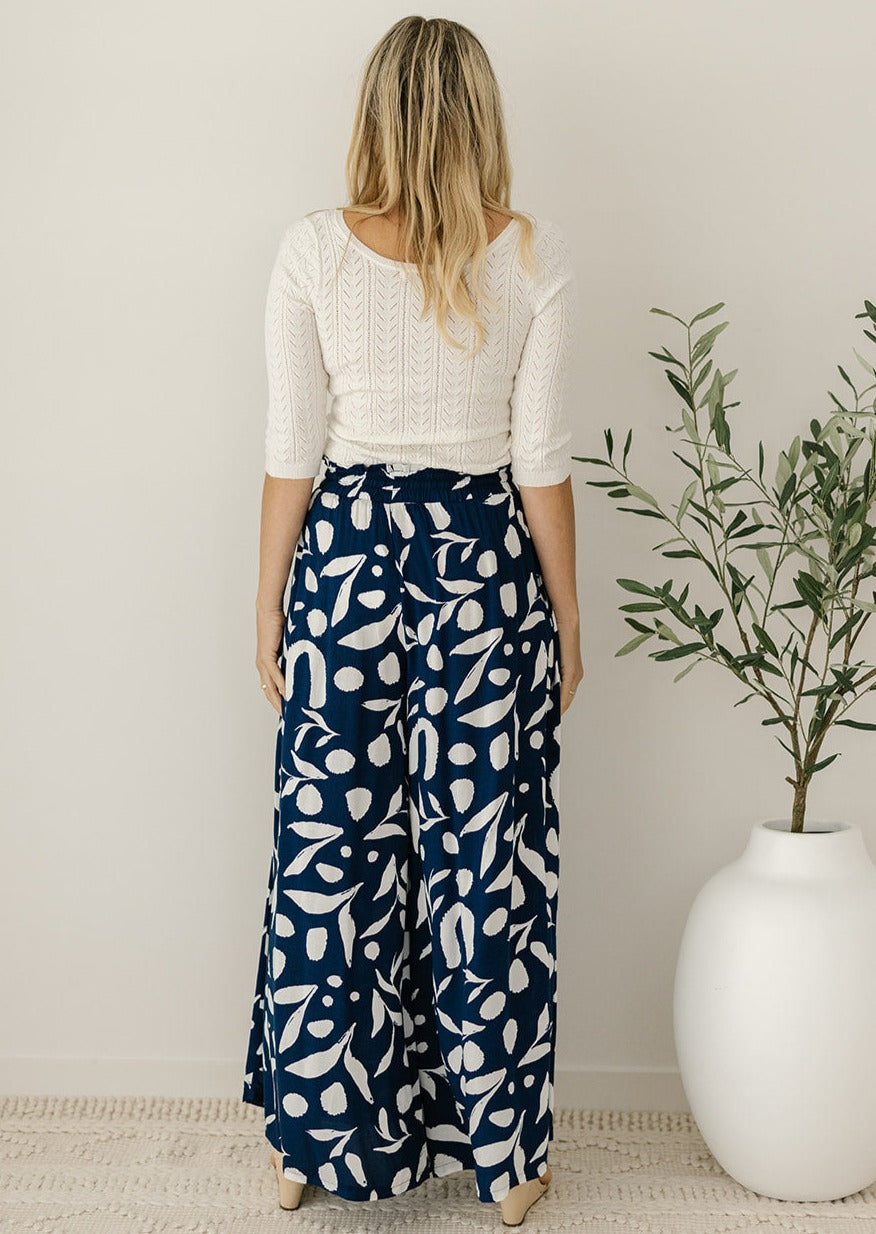 wide-leg navy and white culottes with pockets