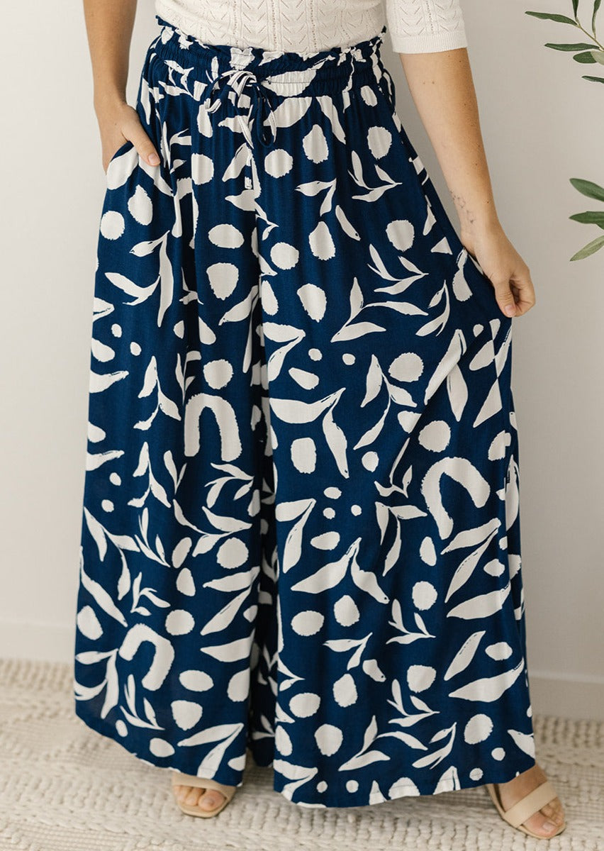 women's white and navy floral culottes with pockets