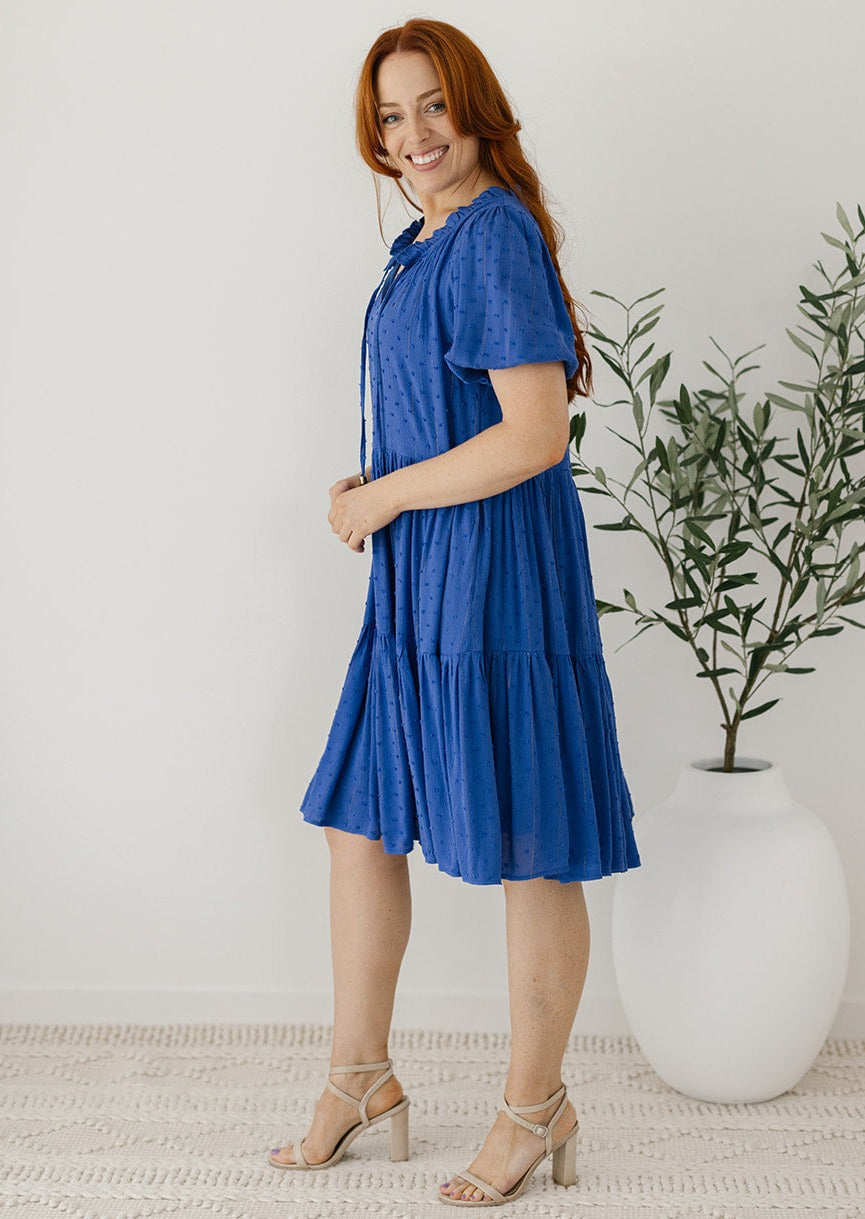 blue textured knee-length smock dress with pockets
