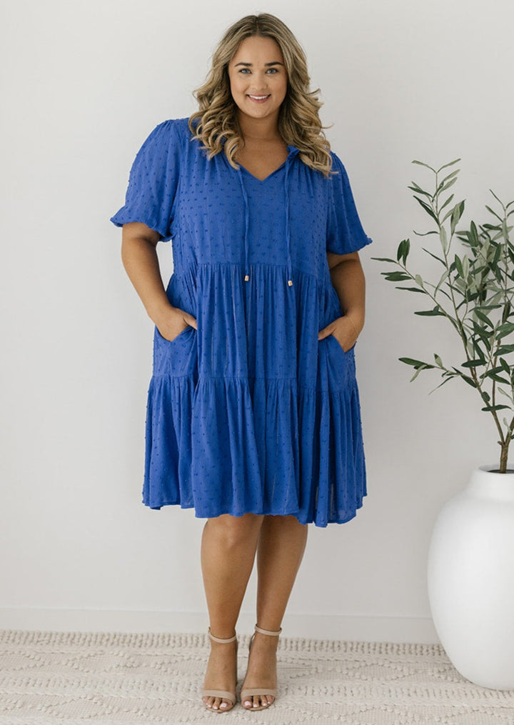 cobalt blue knee-length bump-friendly smock dress