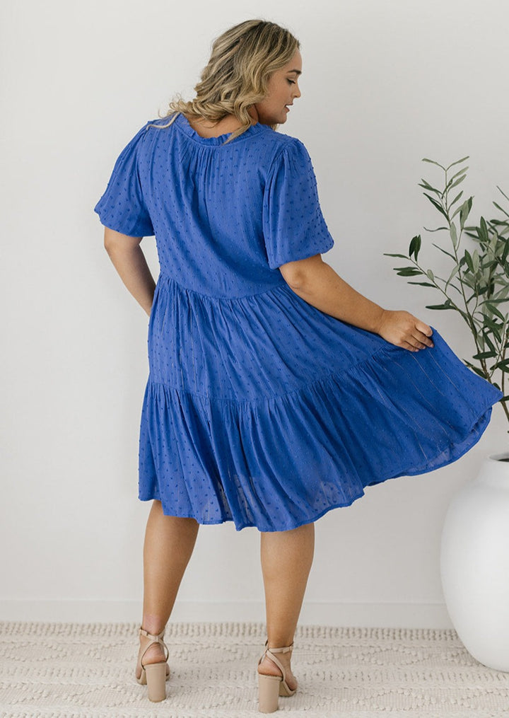 textured cobalt blue knee-length smock dress for summer
